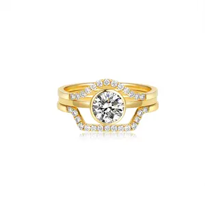 2023 Nieuwe Aankomst 14K Gouden Diamanten Ring Ronde Vvs Lab Diamant Verloving Trouwring Set Sieraden Voor Vrouwen