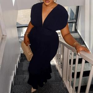 Robe Midi Femme Tendance à Col en V, Manches Bouffantes, Coupe Moulante et Volants – Grande Vente - Product Image 2