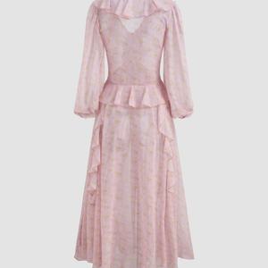 Robe à carreaux multicouche décontractée pour femme avec col carré et bord feuille de Lotus longue longueur - Product Image 3