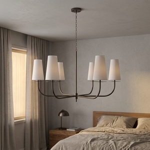 Lustre design ferme moderne à 6 lumières, grand modèle en fer noir et tissu, pour cuisine, salle à manger et salon - Product Image 1