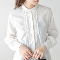 Blus Putih Wanita Elegan Lengan Panjang Ruffle Kancing Depan Kemeja Kasual Pakaian Kerja Kantor Atasan Wanita