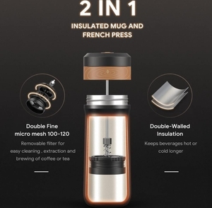 Cafetière à piston en acier inoxydable personnalisée Kingze de 320 ml, isolée sous vide, tasse à café de voyage pour l'extérieur, pour une utilisation en voiture - Product Image 2