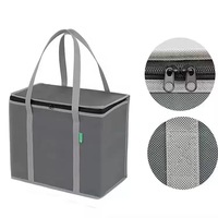 Sac isotherme réutilisable en non-tissé bleu marine avec poignées renforcées en sangle, fermeture éclair et doublure en feuille métallisée, grande capacité