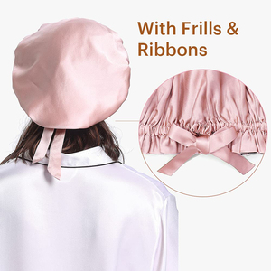 Роскошные двухслойные 100% шляпы из шелка тутового шелкопряда для женщин розового цвета слоновой кости регулируемые шапки для сна с широкими полями и длинным хвостом - Product Image 3