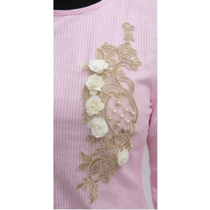 <b>Women's</b> Pink Knitted <b>Blouse</b> Embroidery <b>Long</b> Bell Sleeves Crew Neck Regular Fit 100% Cotton Sweet Vintage Style Spring Summer - Product Image 5