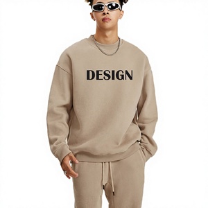 Sweat-shirt à col rond surdimensionné pour homme, 100% coton, tissu molletonné français, imprimé avec des lettres, pull décontracté d'automne, beige, bleu, option disponible - Product Image 3