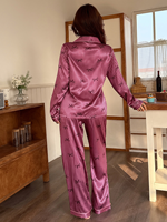 Promo! Set Piyama Satin Motif Pita Bergaris Magenta Ukuran Besar, Kemeja Kancing Lengan Panjang dengan Celana Panjang untuk Pakaian Rumah Musim Panas