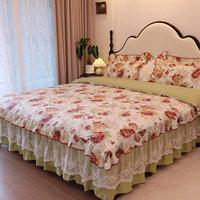 Parure de lit 100% Coton 200TC 130x70 Haute Densité, Jupe de lit à volants florale, Housse de couette brodée style Princesse Coréenne, 4 pièces