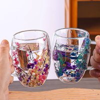 Gelas Kopi Kaca Dinding Ganda Motif Bunga, Cangkir Kaca Transparan Kreatif dengan Gagang, Gelas Kaca Ganda Motif Bunga