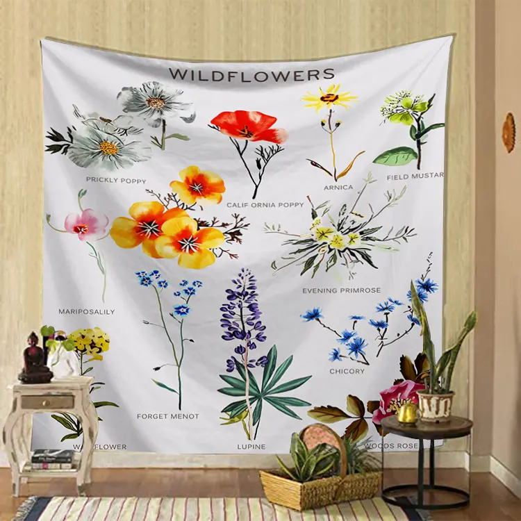 2021 Botanical Wildflower Tapestry Wall Hanging Flower Reference Chart Hippie Bohemian Tapestries Colorful Psychedelic INS Home