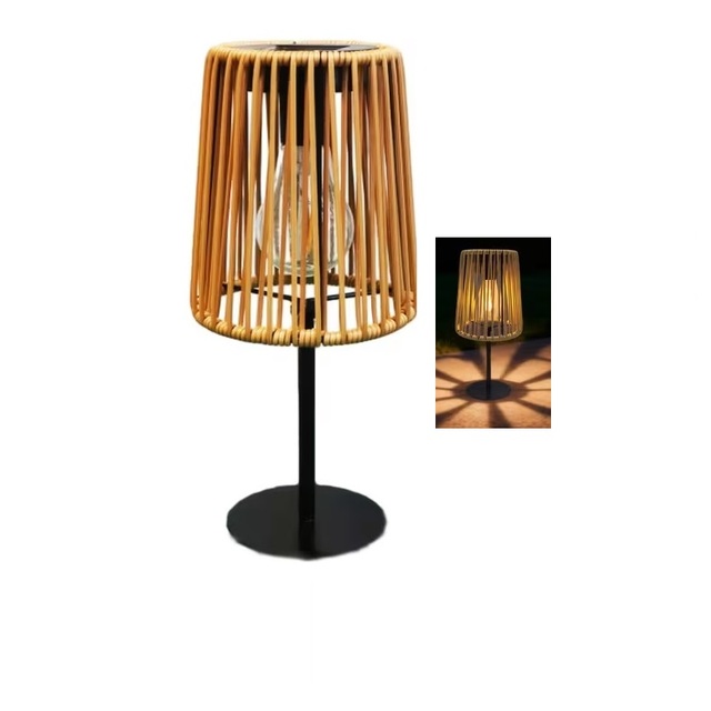 Outdoor Solar LED Rattan Woven Desk Lamp with Light Sensor Control IP44 Rated Warm White 3500K for Garden & Courtyard Use