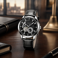 Montre mécanique lumineuse avec fermoir à boucle ardillon, boîtier en alliage, bracelet en cuir véritable, étanche 30M, design de luxe et tendance pour