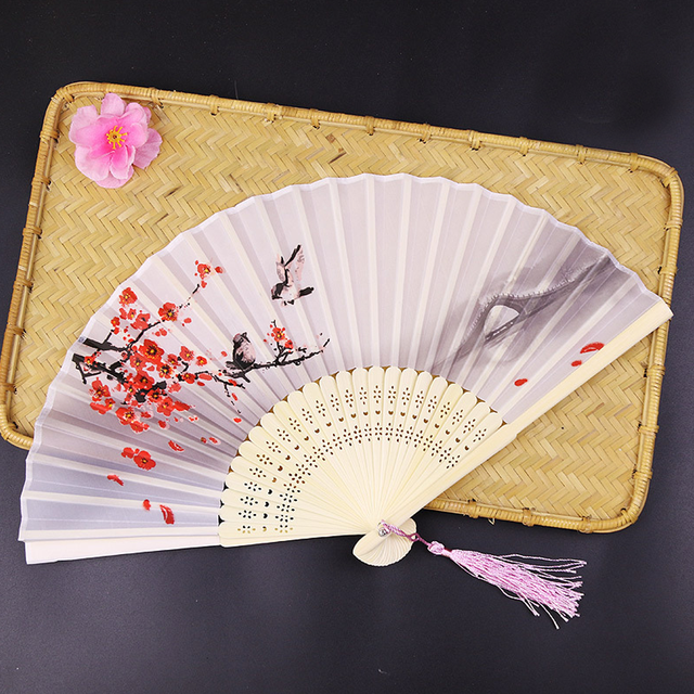 Hand-painted Chinese-style Bamboo-framed Silk Fans with Customizable logo on Fan Ribs for Dance Props