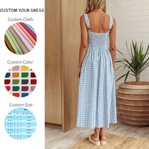 OEM Women's Summer New Fashion Custom Casual European <strong>and</strong> American Style Elegant <strong>Blue</strong> <strong>White</strong> <strong>Red</strong> Checkered Midi Woven <strong>Dress</strong> - Product Image 2