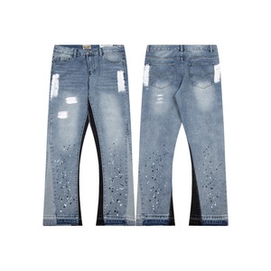 Hợp Thời Trang Giữa Thẳng Micro-loe Nối Ripped Giản Dị Quần Jean Lỏng Lẻo Đau Khổ Rửa Denim Dài Quần Cho Phòng Trưng bày Dept Mùa Hè - Product Image 4