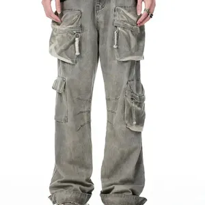 Individuelle Streetwear lockere Unisex gewaschene Denim Jeans Vintage Herren Cargo Flare Hosen Multi-Taschen Jeans