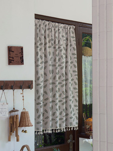 Demi-<span class=keywords><strong>rideau</strong></span> court à motif de petites feuilles vertes avec pompons blancs, à passe-tringle, pour porte de cuisine, café, ou comme housse anti-poussière pour <span class=keywords><strong>armoire</strong></span> - Product Image 5