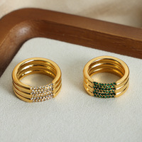18K Vergoldeter Mehrschichtiger Gerillter Ring, Grüner CZ-Besetzter Breiter Statement-Ring für Damen