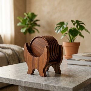 Wooden Coaster Holder Set Round Minimalist Design Durable Tabletop Home <b>Decor</b> for Living Room Indoor Use - Product Image 1