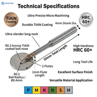 HORFENZ Fraise à bout sphérique micro R0.2 HRC60 TiAlN à portée longue, 2 dents, en carbure pour usinage CNC de l'acier moulé et des pièces OEM durcies