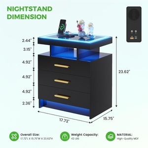 Mesa de <span class=keywords><strong>Noche</strong></span> LED Negra con Estación de Carga Inalámbrica, 3 Cajones, Tapa de Vidrio Templado, Luz con Sensor de Movimiento, Mesa Auxiliar para Juegos - Product Image 4