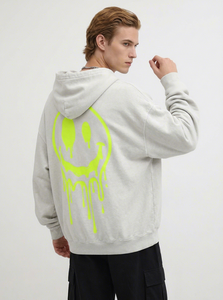 OEM ODM <b>Men's</b> Oversized Light <b>Grey</b> <b>Hoodie</b> With Neon Green Dripping Smiley Face Back Print Streetwear Pullover custom Logo - Product Image 2