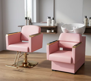 Sillón de Barbería de Lujo en PU Rosa con Reposabrazos Dorados, Silla Hidráulica de Estilismo, Silla para Lavado de Cabello para Salón - Product Image 4