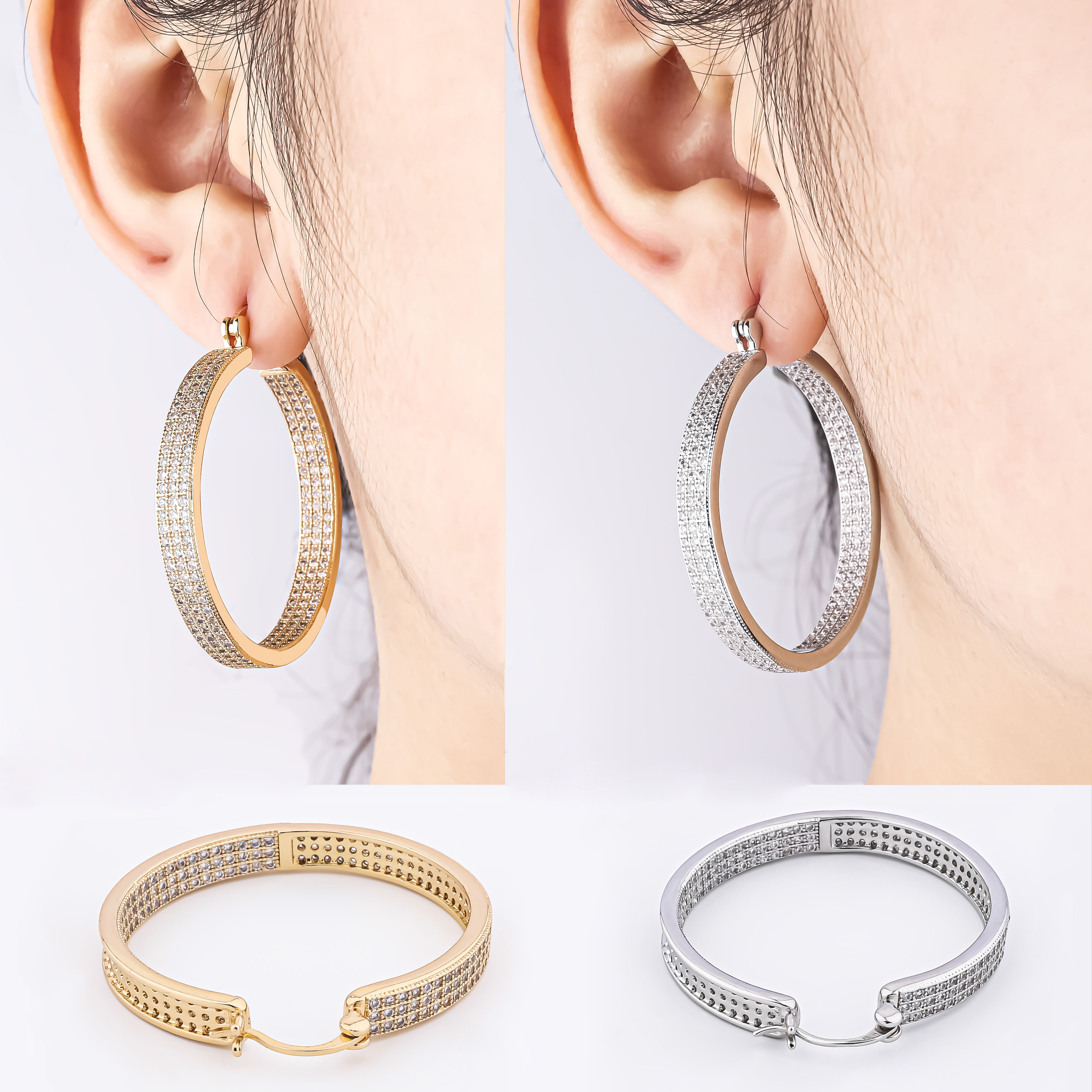 Design hip hop rond hypoallergénique grand strass 18k plaqué or argent boucle d'oreille grande taille zircon femmes boucles d'oreilles huggie