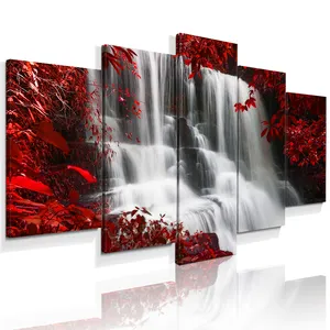 5 pièces Toile Art Mural Rouge Arbres Forêt Cascade Noir et Blanc Paysage Image Imprime Pour La Décoration Murale De Bureau