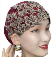 Promotion Spéciale : Turban Élastique Musulman pour Femme Brodé de Fleurs Magnifiques avec Perles, Voile Islamique