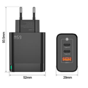 <span class=keywords><strong>Cargador</strong></span> de Portátil USB C PD 3.0 de 65 W al por Mayor, Adaptador de Corriente GaN de Carga Rápida Multidispositivo de 3 Puertos, Enchufe Europeo para Cabezal de <span class=keywords><strong>Cargador</strong></span> - Product Image 1