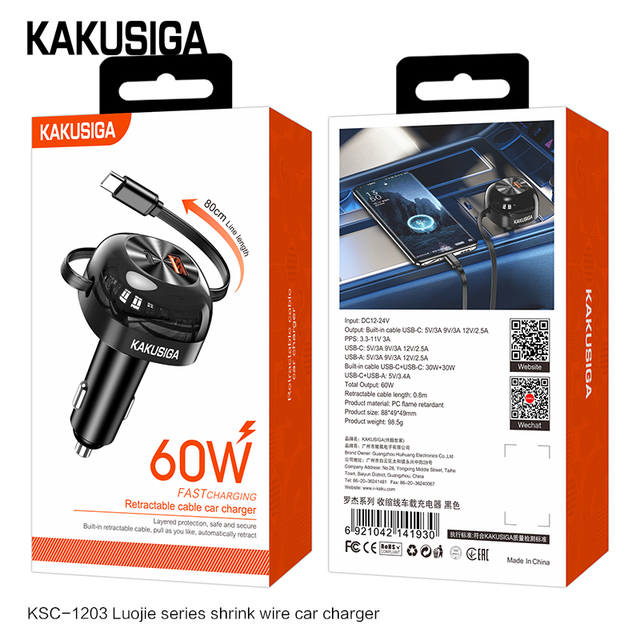 KAKUSIGA PD60W Car Charger with Type-c Cable Type-c Usb Dual-port Fast Charging Car Mobile Phone Charger Adapter