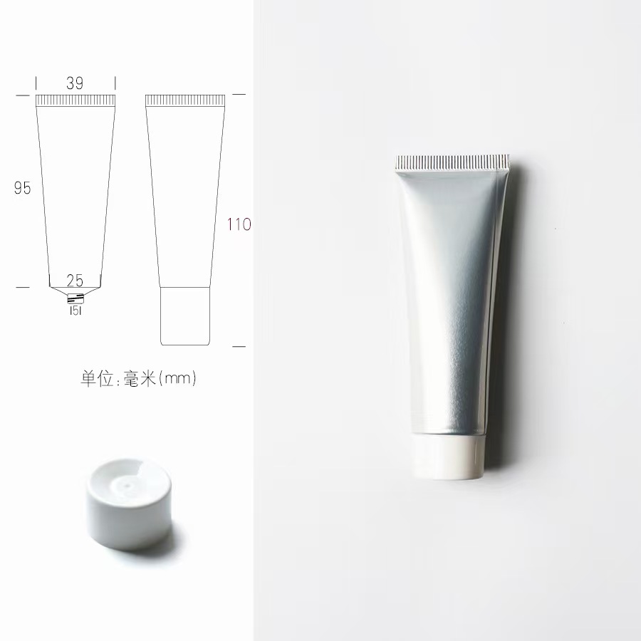 Tube en plastique aluminium argenté + bouchon à vis blanc