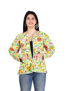 Veste polaire à fleurs matelassée pour femmes main bloc imprimé coton réversible bouton poche manteau d'hiver automne imprimé court Floral - Product Image 3