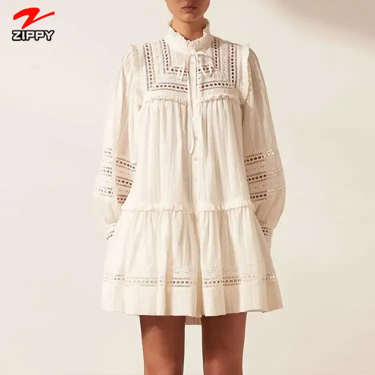 Vintage Vestido Hollow Out Lace Cotton Ruffles Sexy Mini Embroidery Casual Boho Pure Linen Dresses Women 2022