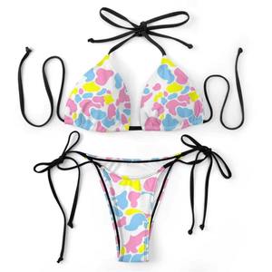 Costume da bagno bikini a due pezzi con stampa mimetica rosa, blu <span class=keywords><strong>e</strong></span> gialla, modello triangolare con laccetti laterali, per <span class=keywords><strong>spiaggia</strong></span> <span class=keywords><strong>e</strong></span> piscina - Hot Sale - Product Image 1