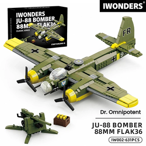 Set de Bloques de Construcción Militares de la Segunda Guerra Mundial, Junkers Ju 88 y Flak 36 de 88 mm, Bombardero Antiaéreo, Modelo Coleccionable para Aficionados Adultos - Product Image 1