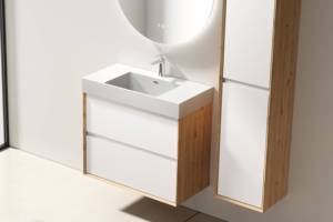 Direkt vom Hersteller Moderner Schlanker LED-Spiegel Wandmontierter Holz-Badezimmerschrank-Set mit Kunststein-Waschbecken für Schlafzimmer und Apartments - Product Image 2