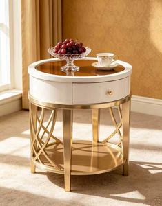White & Gold Round End <b>Table</b> with <b>Drawer</b> and Shelf Modern Living Room Accent <b>Side</b> <b>Table</b> - Product Image 3