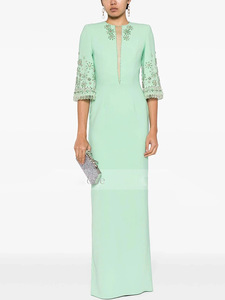 A10732 Migugarment Elegante Abito da Festa per Signore con Strass Luccicanti, Ricamo Floreale, Mezza Manica e Spacco Alto, Vestito Lungo - Product Image 2