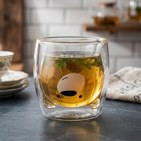 Tasse à eau sans couvercle en verre borosilicate à double paroi, résistante aux hautes températures, avec motif d'ours de dessin animé – Cadeau