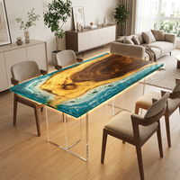 Table de luxe moderne style océanique en bois de noyer sud-américain avec plateau en résine époxy transparente bleu lac brillant