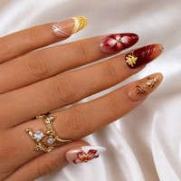 Faux Ongles Personnalisés Automne à Presser, Amande, Motif Floral 3D, Effet Ombré Bourgogne Doré, Gel Brillant, Vente en Gros OEM