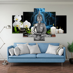 Decoración de pared pintura Buda arte imagen papel pintado retrato Deco venta al por mayor rústico hogar 5 paneles lienzo - Product Image 4