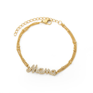 Stainless Steel 18K Gold Double Layers Beads Chain Copper Microinsert Zircon Mama Letter Bracelet Jewelry For Mother's Day