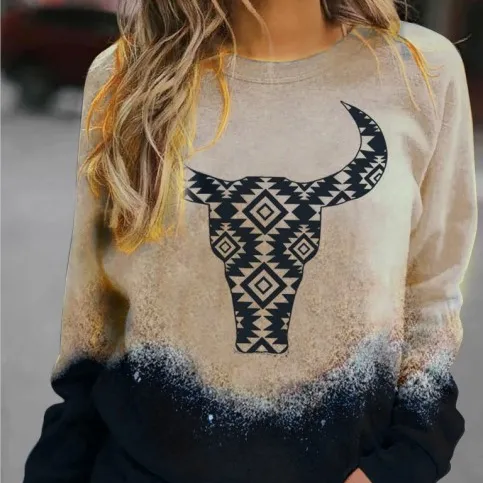 Großhandel indigener aztekischen Druck Rundhalsausschnitt Sweatshirt Rundhalsausschnitt lange Ärmel Pullover T-Shirts für Damen 2023