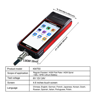 เครื่องทดสอบแบตเตอรี่ CCA SOC SOH หน้าจอสัมผัส <span class=keywords><strong>5</strong></span>.<span class=keywords><strong>5</strong></span> นิ้ว พร้อมเครื่องพิมพ์ KONNWEI KW750 สำหรับแบตเตอรี่รถยนต์ รถจักรยานยนต์ รถบรรทุก เรือ 6/12/24V - Product Image 2