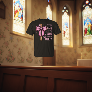 Camiseta Blessed By God Loved By Jesus con lazo rosa y cruz - Product Image 3