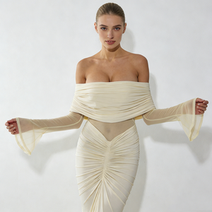 Robes longues sirène élégantes et glamour en satin extensible blanc ivoire, à épaules dénudées, avec buste froncé et panneau transparent à manches longues - Product Image 4
