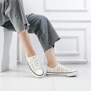 Baskets en caoutchouc pour femmes, chaussures en Tweed noir et blanc à carreaux pour femmes, hauts bas en cuir à lacets, chaussures en <span class=keywords><strong>toile</strong></span> confortables, vente en gros - Product Image 4